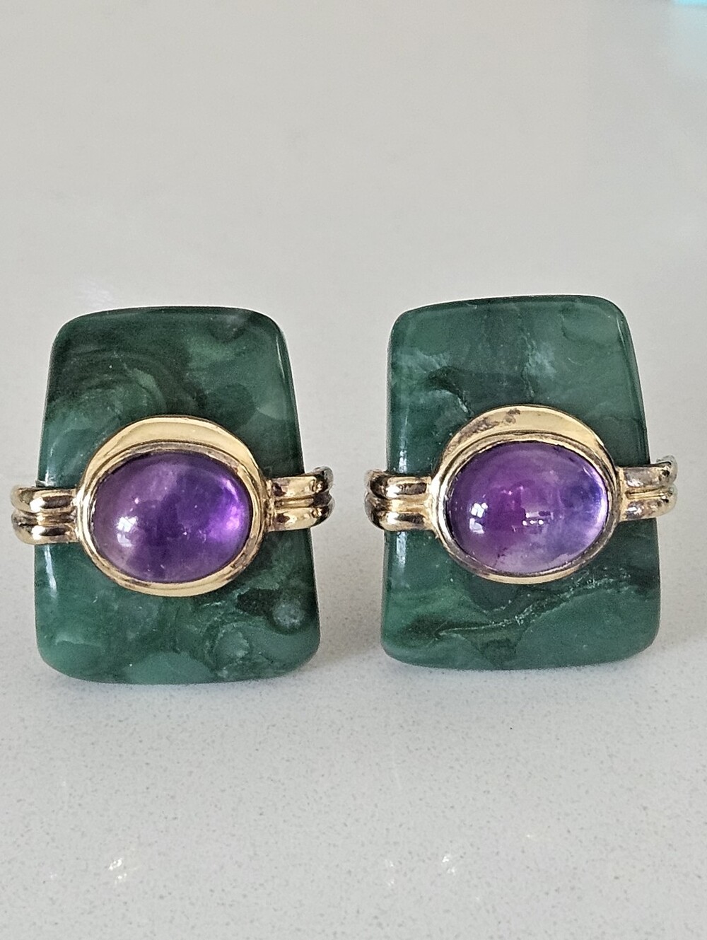 Vintage Designer Kylo Sterling Gold Green & Purple Stone Omega Back Earrings